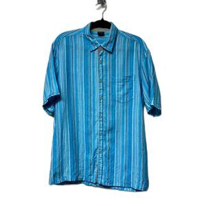 BONIA Linen/Cotton Blend Blue Striped Short Sleeve Button Down